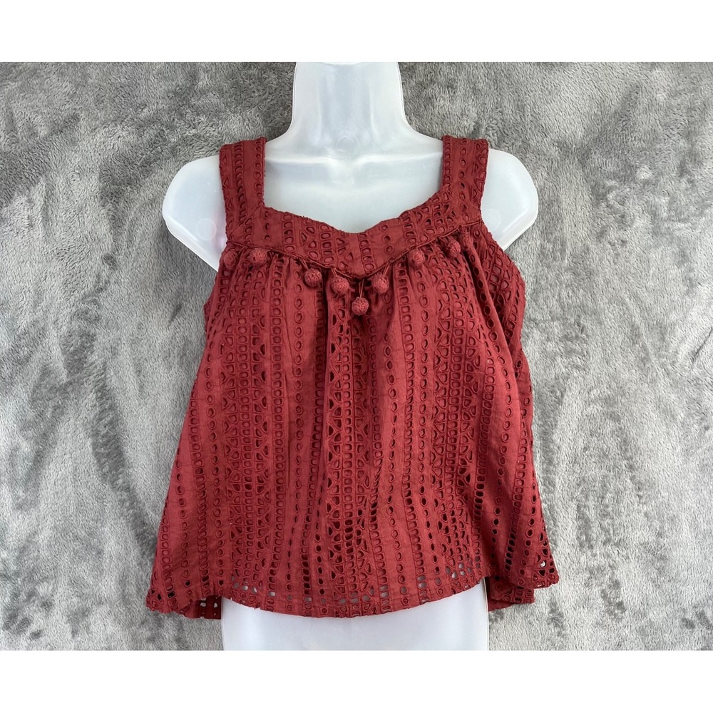 Sundance Top Womens Small Red Cotton Eyelet Pom Pom Tank Cottage Boho Peasant